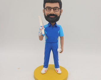 custom sports bobblehead for cricket fan,cricket bat on one shoulder and small cricket ball in the other hand,birthdays gifts for him