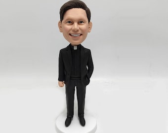 custom Priest/Father bobblehead, Roman Catholic Church/Christianity clergy Bobble head,polymer clay,Black uniform, 50th birthday idea