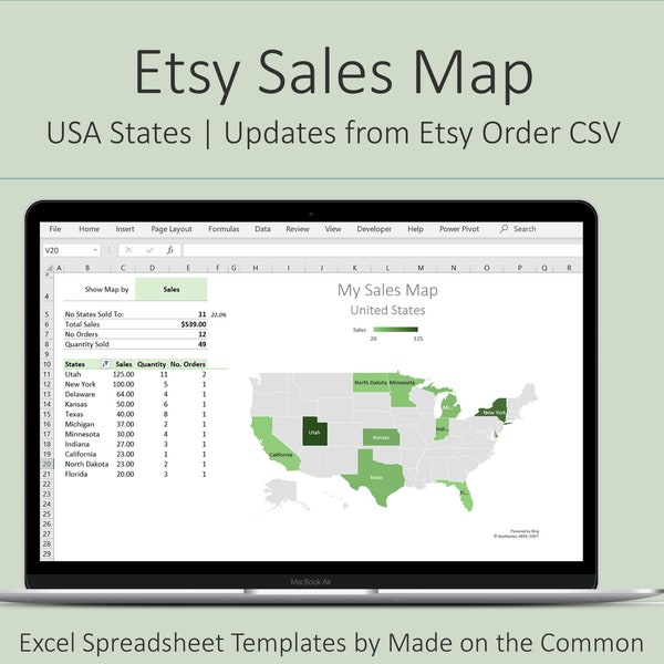 Automated US States Etsy Sales Map from Etsy Orders CSV, Simple Editable Spreadsheet Template | Cha-Ching Map - Online Sales Tracker USA