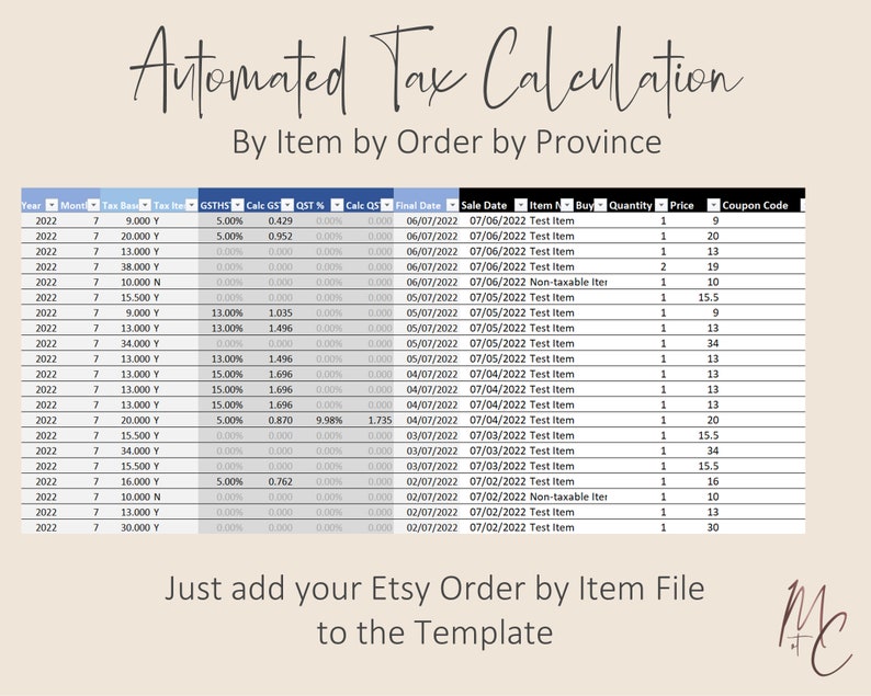 Canada Tax Registered Etsy Sellers Bookkeeping Spreadsheet in CAD Calculate Province GST/Hst PST Income & Expense Accounting Template image 4