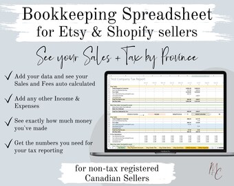 Canada Etsy Shopify Bookkeeping Spreadsheet with data from CSV files | Sales, Fees & Expenses Excel Accounting Template with province tax