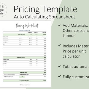 Pricing Calculator Worksheet to Price Handmade Products Auto Calculating Cost of Goods Spreadsheet Template for Excel / Google Sheets image 1