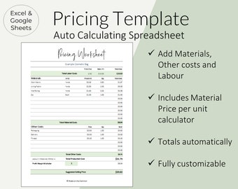 Pricing Calculator Worksheet to Price Handmade Products | Auto Calculating Cost of Goods Spreadsheet Template for Excel / Google Sheets