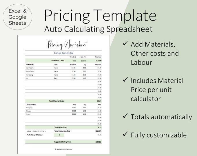 Pricing Calculator Worksheet to Price Handmade Products Auto - Etsy