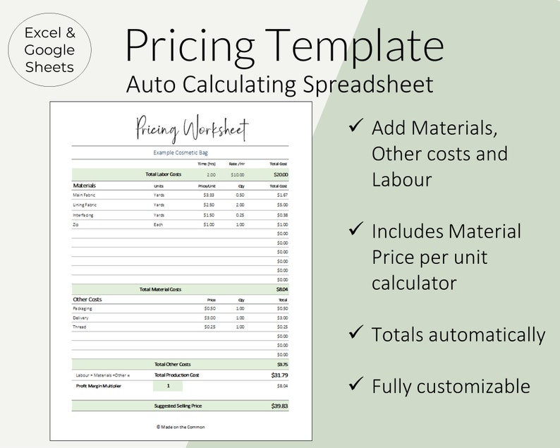 Pricing Calculator Worksheet to Price Handmade Products Auto Calculating Cost of Goods Spreadsheet Template for Excel / Google Sheets image 1
