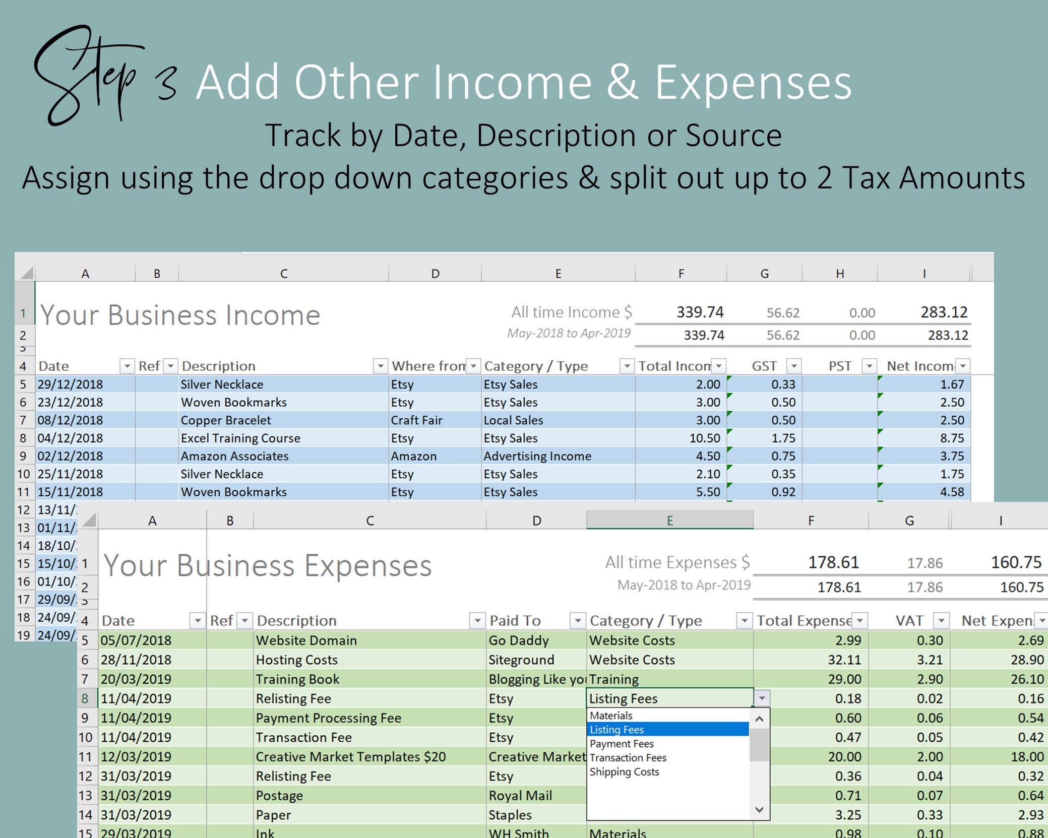 US Etsy Sellers Automated Bookkeeping Template with Sales Tax Etsy