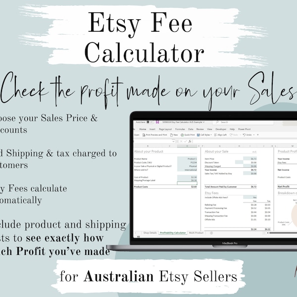 Australia Etsy Fee and Product Profitability Calculator for AU Sellers  | Spreadsheet in Excel & Google Sheets Simple Auto calculations