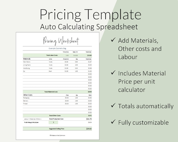 Pricing Calculator Worksheet to Price Handmade Products Auto