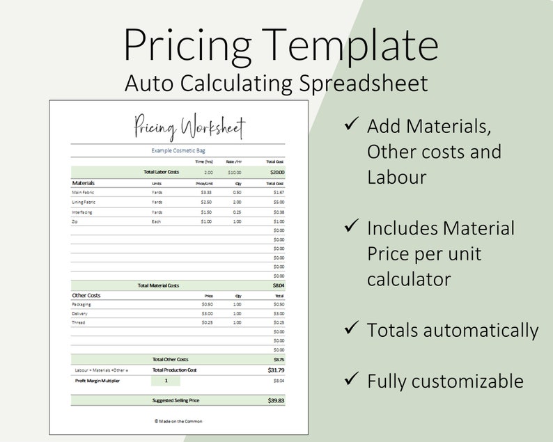 Pricing Calculator Worksheet to Price Handmade Products Auto Calculating Cost of Goods Spreadsheet Template for Excel / Google Sheets image 10