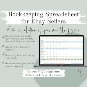 Ebay Bookkeeping Spreadsheet UK or AU | Automated Sales, Fees, Income & Expenses Excel Accounting Template for non-vat registered sellers