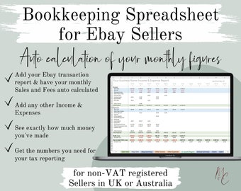 Ebay Bookkeeping Spreadsheet UK,IE,AU | Automated Sales, Fees, Income & Expenses Excel Accounting Template for non-vat registered sellers