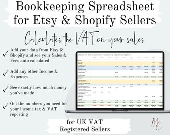 Etsy Shopify Bookkeeping Spreadsheet for VAT registered UK Sellers | Automated  | Accounting Sales, Fees, Income & Expenses Excel Template