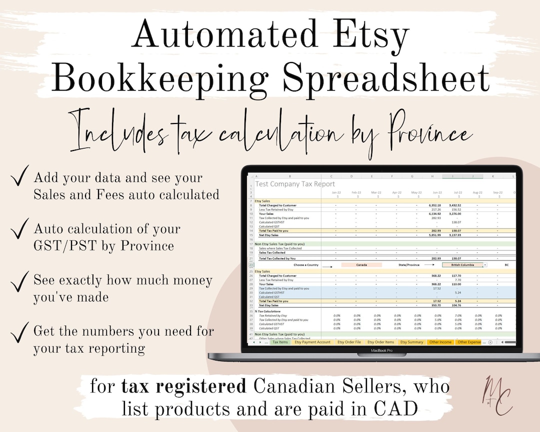 Canada Tax Registered Etsy Sellers Bookkeeping Spreadsheet in CAD