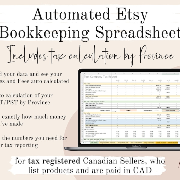 Canada Tax Registered Etsy Sellers Bookkeeping Spreadsheet in CAD | Calculate Province GST/Hst PST | Income & Expense Accounting Template