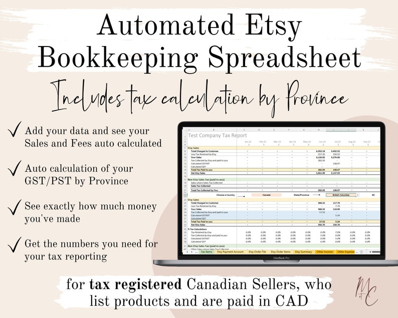 Canada Tax Registered Etsy Sellers Bookkeeping Spreadsheet in CAD Calculate Province GST/Hst PST Income & Expense Accounting Template image 1