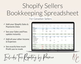 Shopify Bookkeeping Spreadsheet Canada | Uses CSV Downloads | Accounting Sales, Income, Sales Tax, Fees & Expenses Excel Template