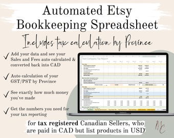 Etsy Bookkeeping Template for Canadian Multi Currency Sellers | Automated Income & Expense Accounting Spreadsheet with Province Tax | Excel