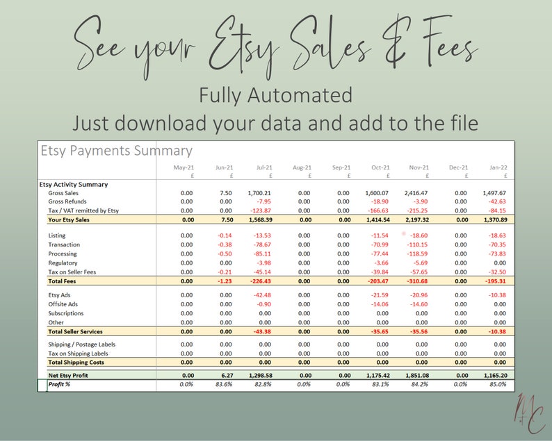 UK Etsy Seller Automated Bookkeeping Spreadsheet Income, Fees, Sales & Expense Excel Google Accounting Template image 4