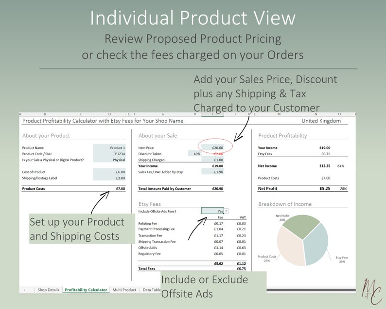UK Etsy Fee and Product Profitability Calculator for UK Sellers Spreadsheet in Excel & Google Sheets Simple Auto calculations image 2