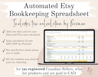 Canada Tax Registered Etsy Sellers Bookkeeping Spreadsheet in CAD | Calculate Province GST/Hst PST | Income & Expense Accounting Template