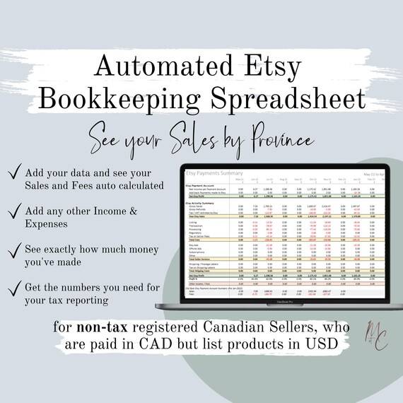 Canadian Etsy Bookkeeping Spreadsheet Non-Tax Registered Sellers : USD-CAD conversion | Excel & Google Sheets Template