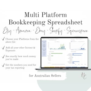 Bookkeeping Spreadsheet for Australian sellers on multiple platforms | Etsy Ebay Amazon Shopify Accounting Income Expense Excel Template