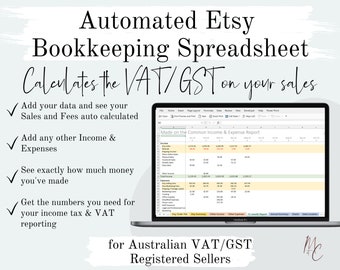 Etsy Automated Bookkeeping for Australian VAT/GST registered Sellers  | Excel Income & Expense Spreadsheet, Profit+Loss Accounting Template