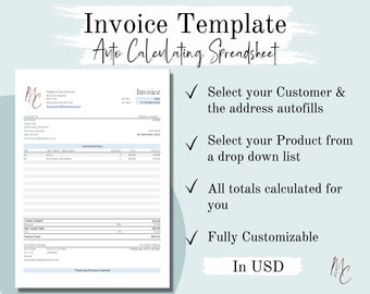 Invoice Template in USD | Auto Calculating Fully Customisable Professional Business Invoice for Excel & Google Sheets | Print or save as PDF