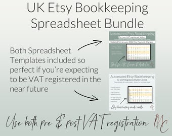 UK Etsy Seller Bookkeeping 2 Spreadsheet Bundle for Before & After Vat Registration | Accounting Income, Fees, Tax + Expense Template