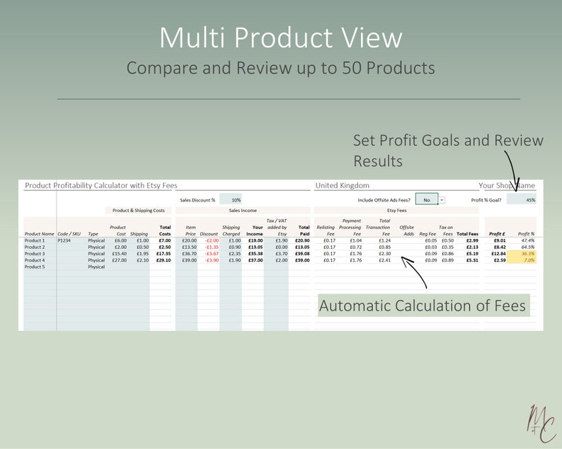 UK Etsy Fee and Product Profitability Calculator for UK Sellers Spreadsheet in Excel & Google Sheets Simple Auto calculations image 6