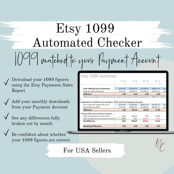 Etsy 1099 Checker for US Sellers | Seller Spreadsheet to Reconcile your Payment Account to your 1099 Tax Form - Excel Template