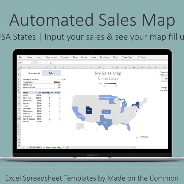 Automated USA Sales Map - Add your orders; See your map update. Simple Editable Sales Tracker Spreadsheet Template, US States Cha-Ching Map