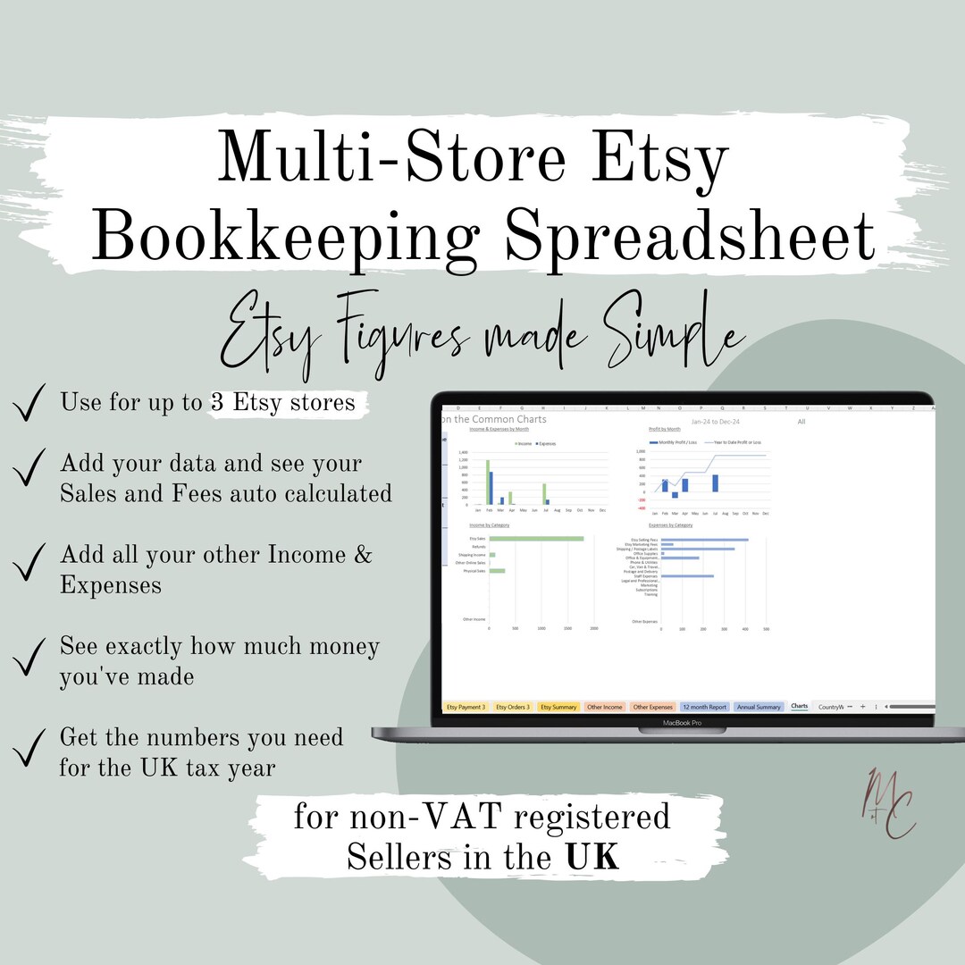UK Etsy Bookkeeping Spreadsheet for Multiple Shops Excel + Google