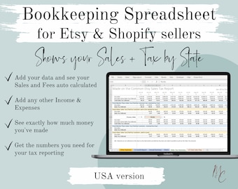 USA Etsy Shopify Bookkeeping Spreadsheet Automated from CSV files | Sales, Income, Fees & Expenses Excel Accounting Template with sales tax