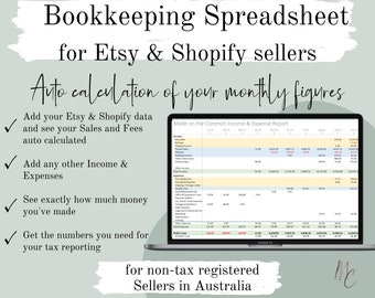 Etsy Shopify Bookkeeping Spreadsheet for AU non-tax registered sellers | Accounting Sales, Income, Fees & Expenses Excel Template