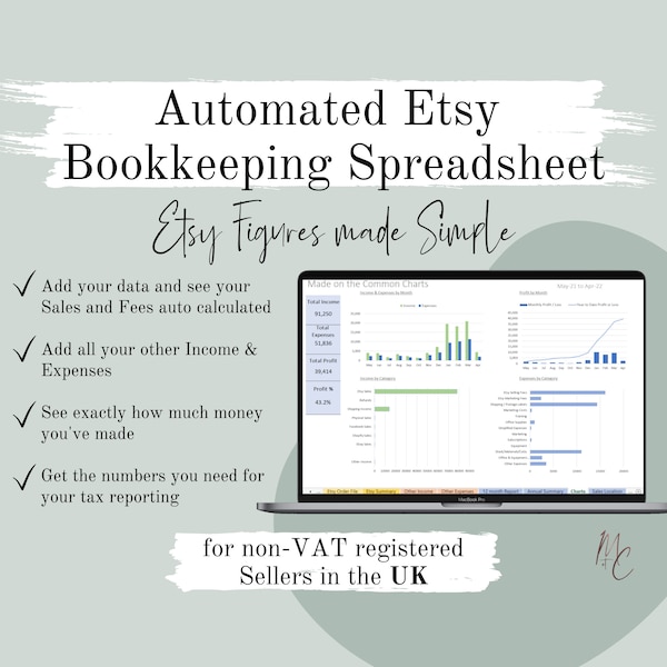 UK Etsy Seller Automated Bookkeeping Spreadsheet  | Income, Fees, Sales & Expense Excel - Google Accounting Template