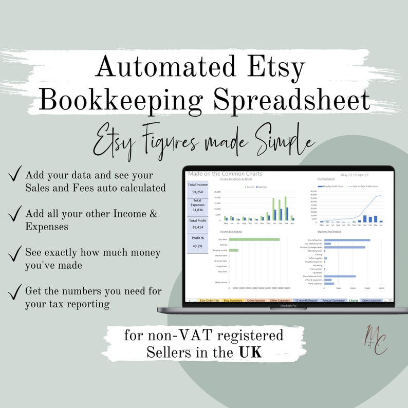 UK Etsy Seller Automated Bookkeeping Spreadsheet Income, Fees, Sales & Expense Excel Google Accounting Template image 1