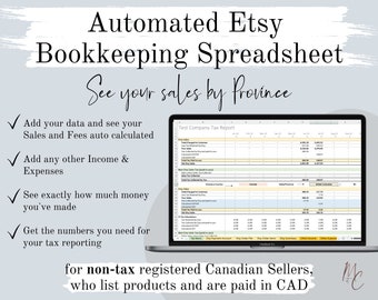 Canada Etsy Bookkeeping Spreadsheet for non tax registered sellers  - Single Currency | Excel Income & Expense Accounting Template