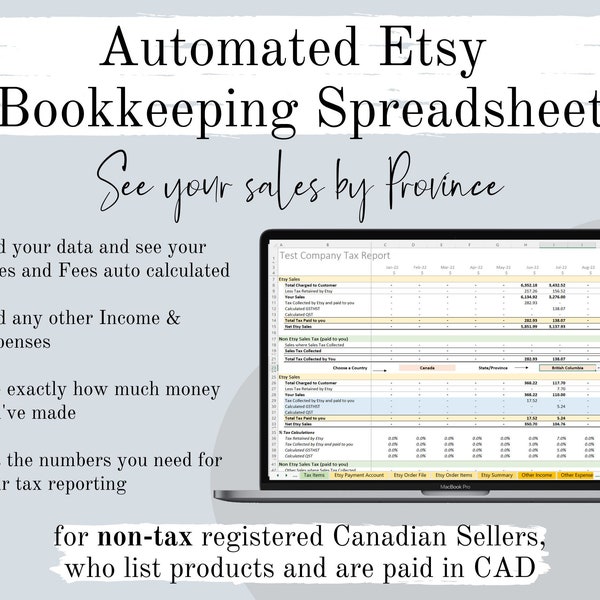 Canada Etsy Bookkeeping Spreadsheet for non tax registered sellers  - Single Currency | Excel Income & Expense Accounting Template