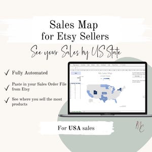 Carte des ventes Etsy automatisée pour les États-Unis à partir des commandes Etsy CSV, modèle de feuille de calcul modifiable simple | Carte de Cha-Ching - Suivi des ventes en ligne États-Unis
