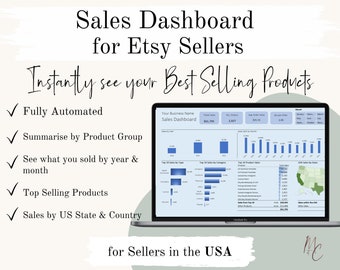 USA Etsy Sales Dashboard - Automated Interactive Etsy Seller Product Sales Spreadsheet  | All Years & Months Country Map, Excel Template