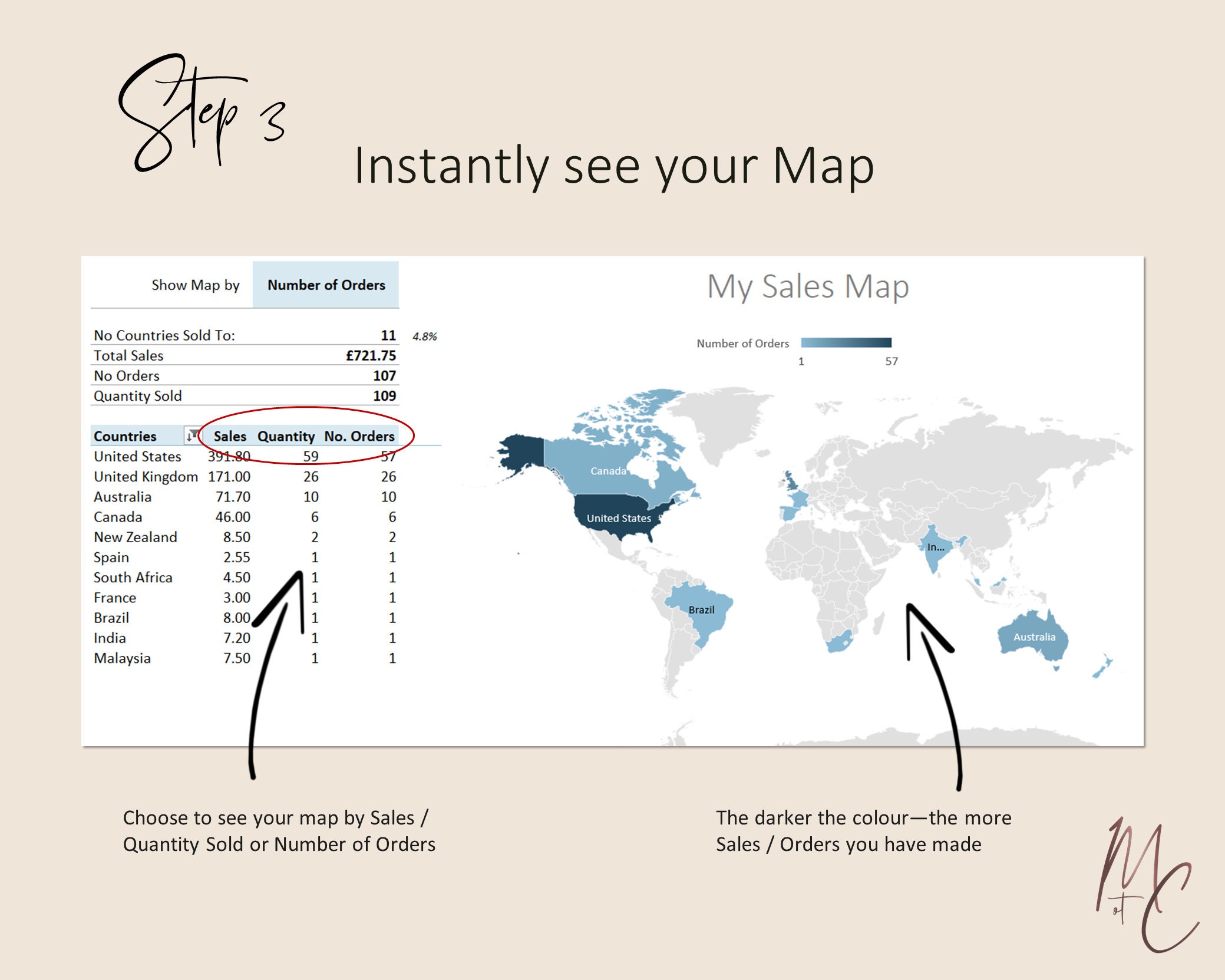 Etsy Country Sales Map , Automated From Etsy Orders CSV, Simple