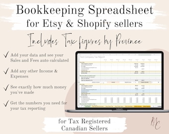 Canada Tax Registered Etsy Shopify Bookkeeping Spreadsheet | GSTHST PST by Province Automated Sales, Fees & Taxes Accounting Excel Template