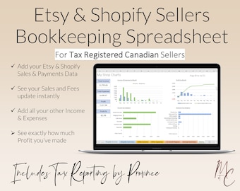 Canada Tax Registered Etsy Shopify Bookkeeping Spreadsheet | GSTHST PST by Province Automated Sales, Fees & Taxes Accounting Excel Template