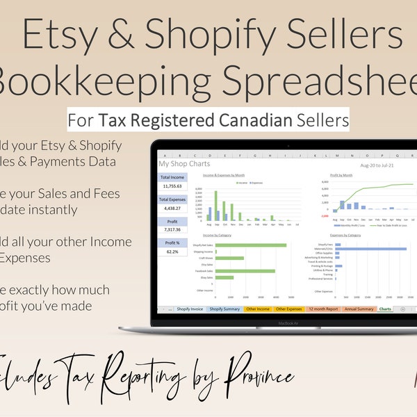 Canada Tax Registered Etsy Shopify Bookkeeping Spreadsheet | GSTHST PST by Province Automated Sales, Fees & Taxes Accounting Excel Template