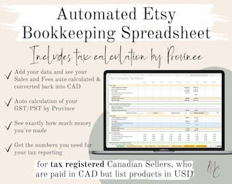 Etsy Bookkeeping Template for Canadian Multi Currency Sellers | Automated Income & Expense Accounting Spreadsheet with Province Tax | Excel