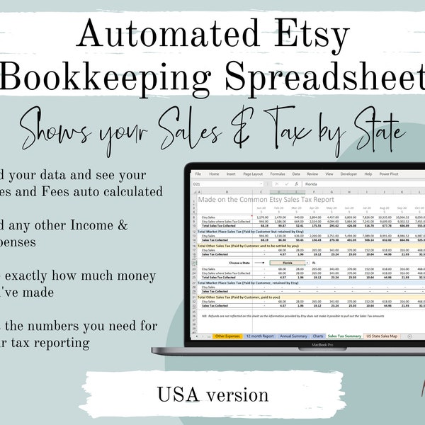 US Etsy Sellers Bookkeeping Spreadsheet with sales by State | Excel Google, Sales & Expense, Profit Loss Automated Accounting Template