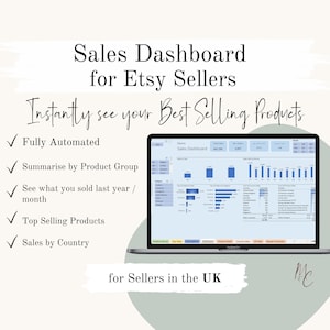UK Etsy Sales Dashboard - Automated Etsy Seller Product Sales Spreadsheet  | All Years & Months Country Map, Product Groups,  Excel Template