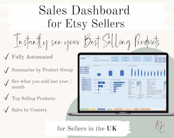 UK Etsy Sales Dashboard - Automated Etsy Seller Product Sales Spreadsheet  | All Years & Months Country Map, Product Groups,  Excel Template