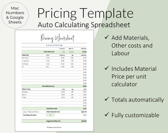 Pricing Calculator Worksheet to Price Handmade Products | Auto Calculating Cost of Goods Spreadsheet Template for Numbers on Mac